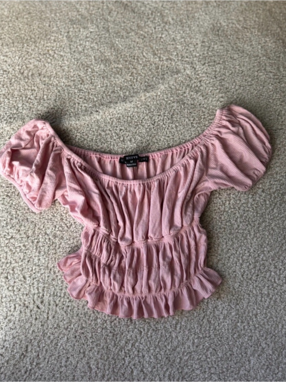 HYFVE Blush Pink Off-Shoulder Smocked Crop Top y2k